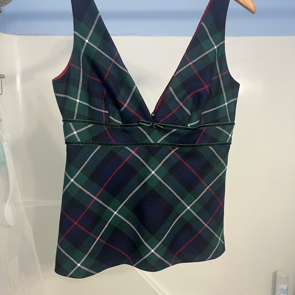 J. Crew Tartan V-Neck Top in Green and Navy